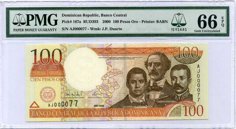 DOMINICAN REPUBLIC 100 PESOS 2000 P 167 15TH LABEL GEM UNC PMG 66 EPQ HIGH