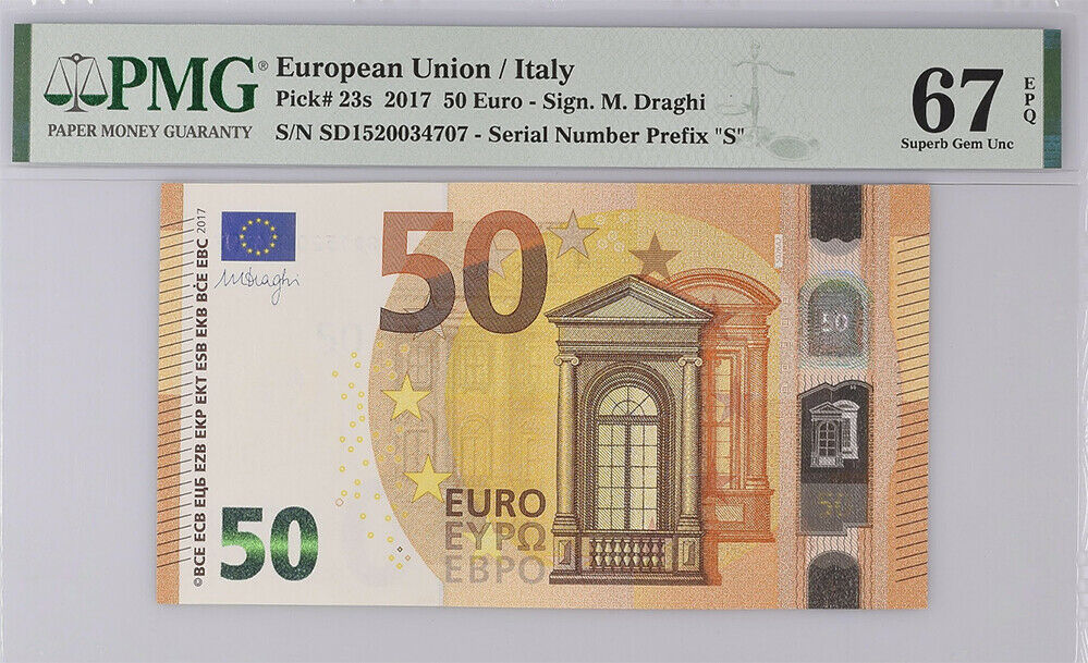 Euro 50 Euro Italy 2017 P 23 s Prefix Superb Gem UNC PMG 67 EPQ