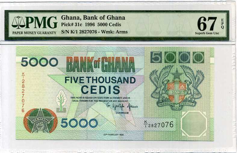 Ghana 5000 Cedis 1996 P 31 c Superb Gem UNC PMG 67 EPQ Top