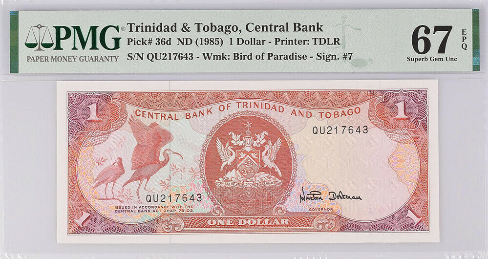Trinidad & Tobago 1 Dollar 1985 P 36 d SUPERB GEM UNC PMG 67 EPQ Top Pop