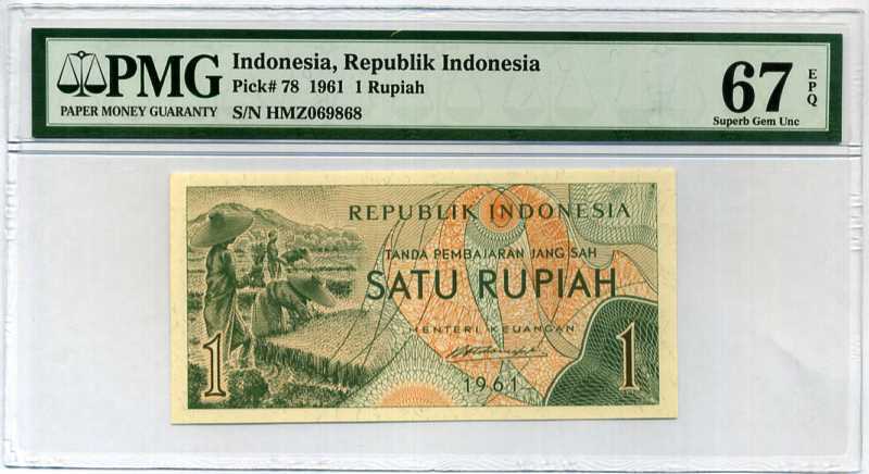 Indonesia 1 Rupiah 1961 P 78 Superb GEM UNC PMG 67 EPQ HIGH