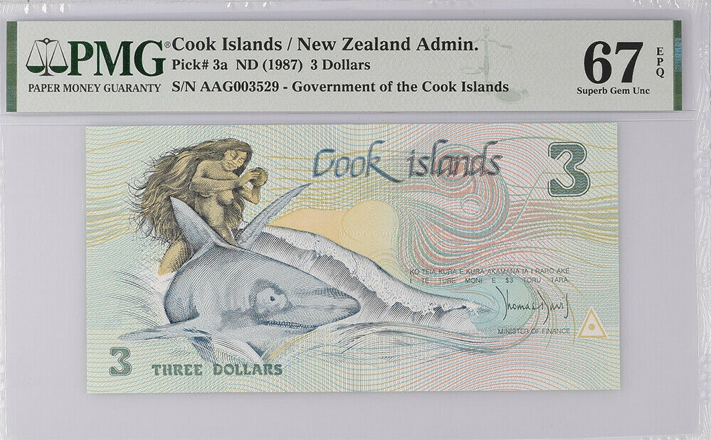Cook Islands 3 Dollars ND 1987 P 3a SUPERB GEM UNC PMG 67 EPQ High
