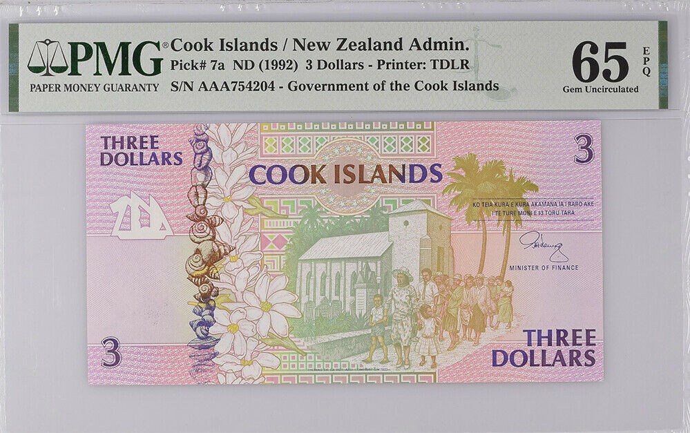 Cook Island 3 Dollars 1992 P 7 AAA Prefix Gem UNC PMG 65 EPQ