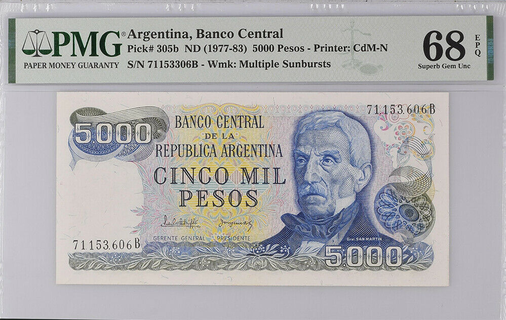 Argentina 5000 Pesos ND 1977-1983 P 305 b Superb Gem UNC PMG 68 EPQ Top Pop
