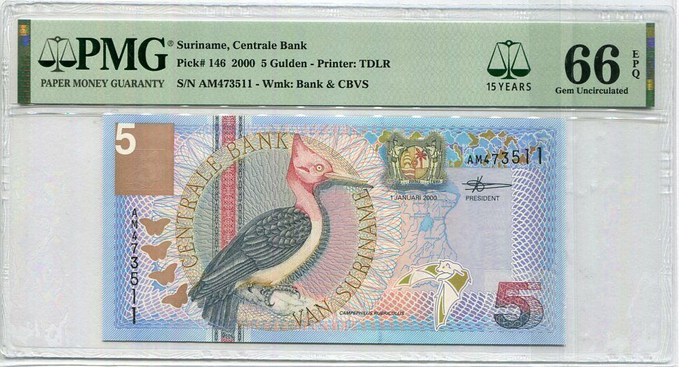 Suriname 5 Gulden 2000 P 146 15th GEM UNC PMG 66 EPQ