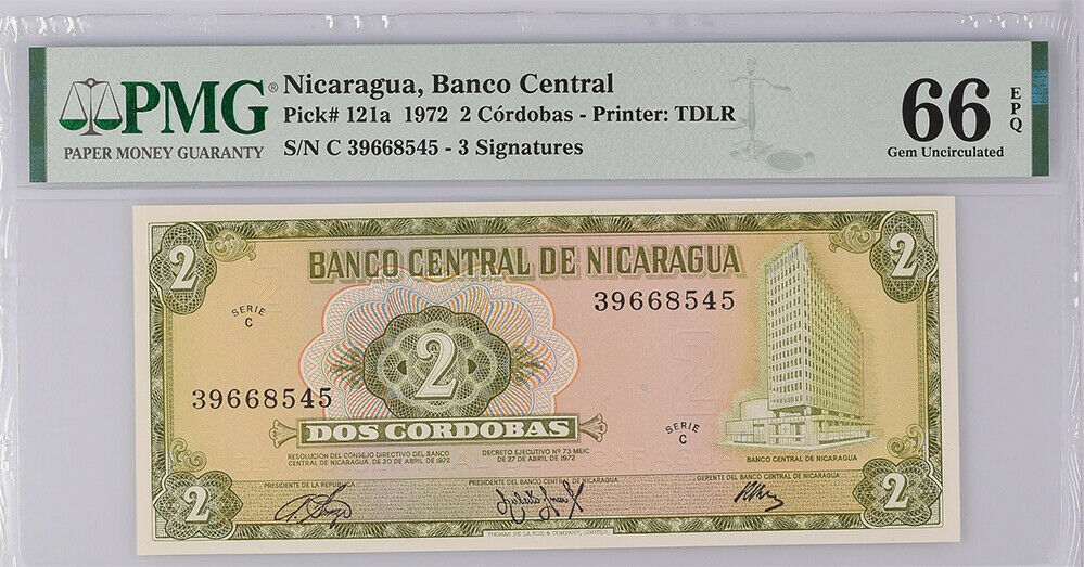 Nicaragua 2 Cordobas 1972 P 121 a Gem UNC PMG 66 EPQ