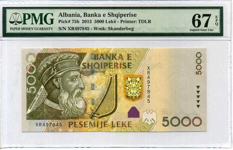 ALBANIA 5000 LEKE 2013 P 75 SUPERB GEM UNC PMG 67 EPQ HIGH