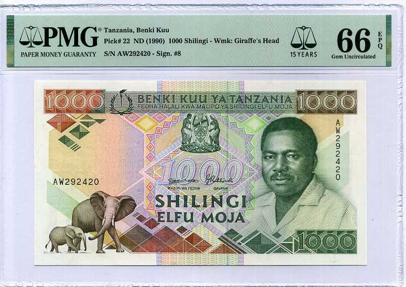 TANZANIA 1000 1,000 SHILLING ND 1990 P 22 15TH GEM UNC PMG 66 EPQ