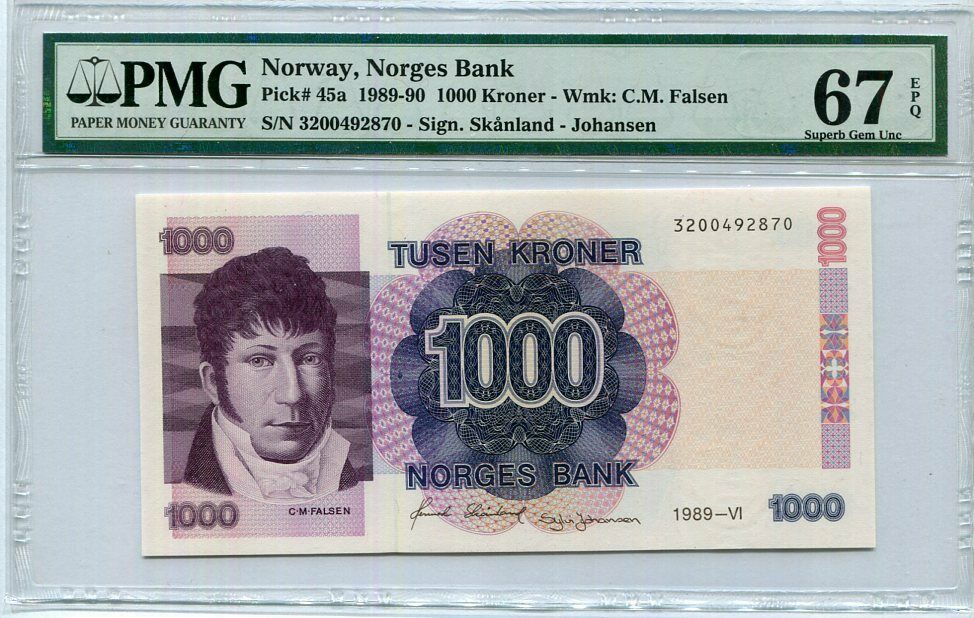 Norway 1000 Kroner 1989-90 P 45 Superb Gem UNC PMG 67 EPQ