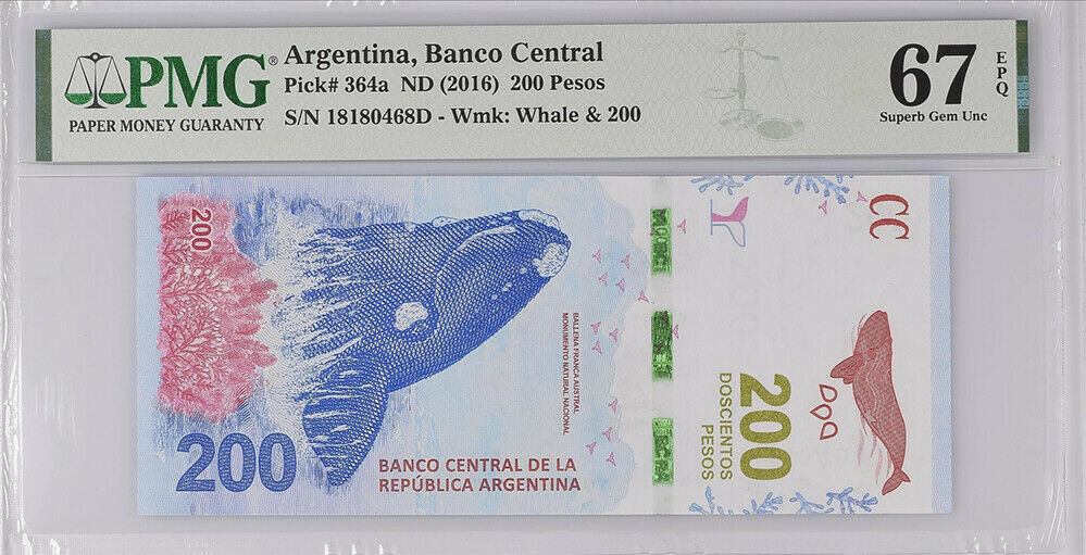 Argentina 200 Pesos 2016 P 364 a Superb Gem UNC PMG 67 EPQ