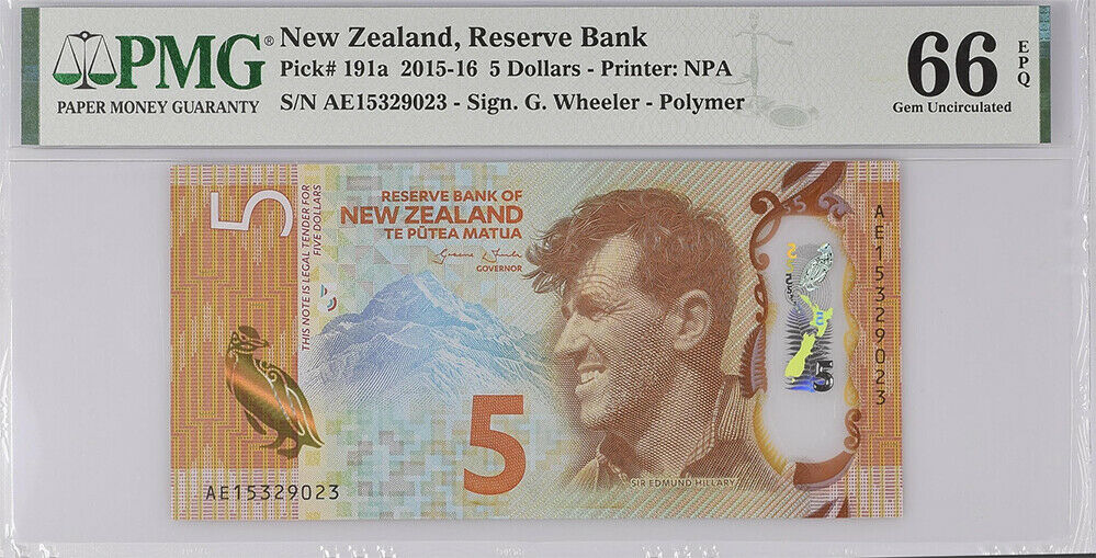 New Zealand 5 Dollars 2015 Polymer P 191 a Gem UNC PMG 66 EPQ