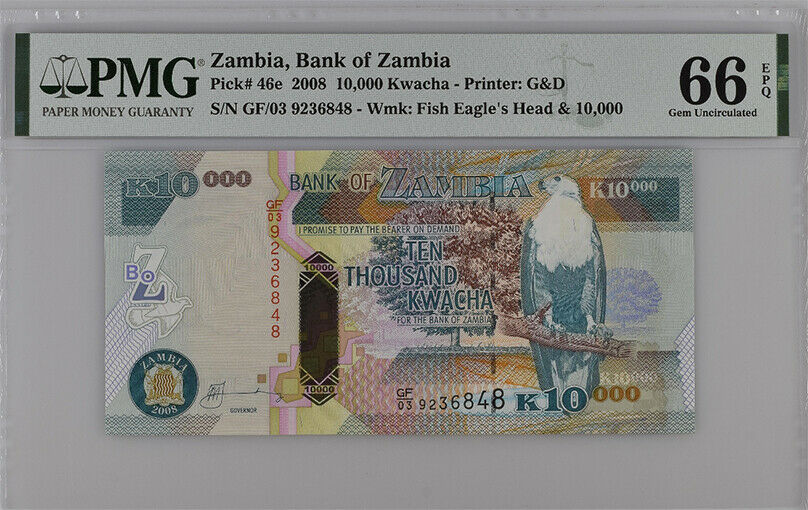 ZAMBIA 10000 KWACHA 2008 P 46 E GEM UNC PMG 66 EPQ