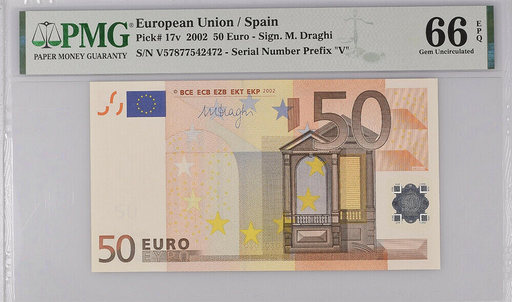 Euro 50 Euro Spain 2002 P 17 V Gem UNC PMG 66 EPQ