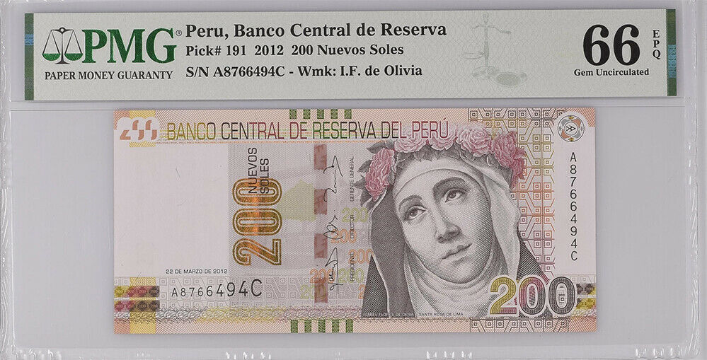 Peru 200 Nuevos Soles 2012 P 191 Gem PMG 66 EPQ