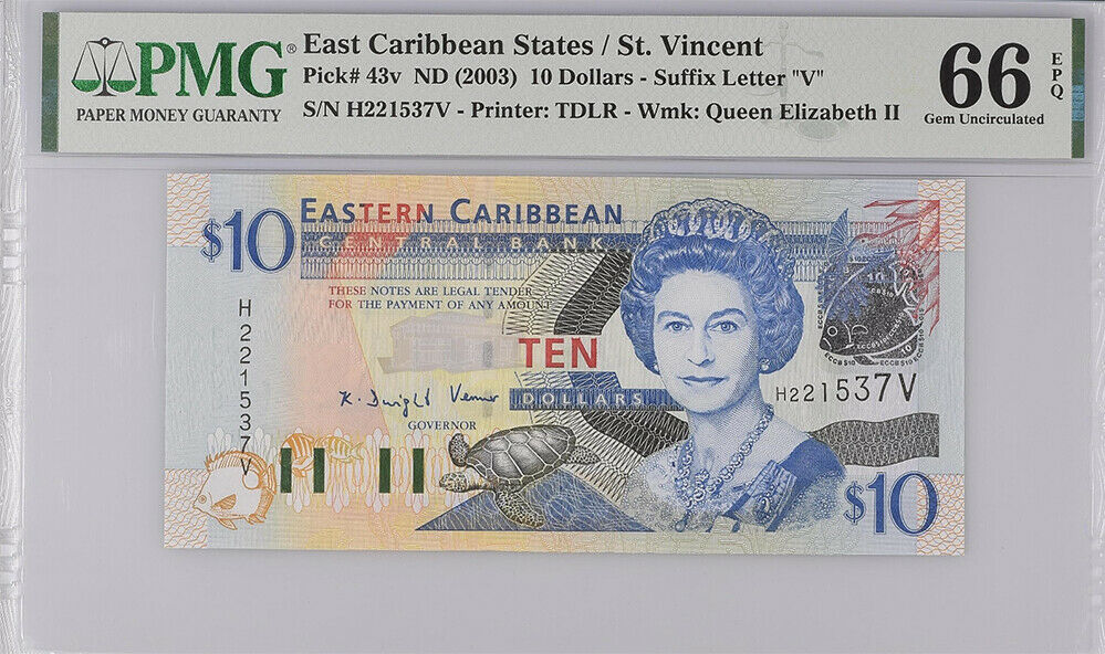 East Caribbean 10 Dollars ND 2003 P 43 V ST. VINCENT GEM UNC PMG 66 EPQ NEW