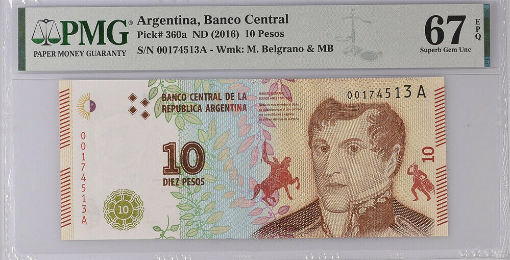 Argentina 10 Pesos ND 2016 P 360 a Manuel Belgrano Superb Gem UNC PMG 67 EPQ