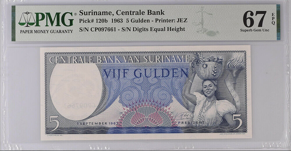 SURINAME SURINAM 5 GULDEN 1963 P 120 SUPERB GEM UNC PMG 67 EPQ