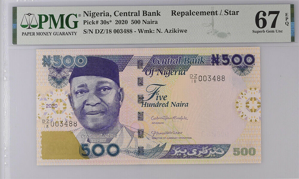 Nigeria 500 Naira 2020 P 30 s DZ/18 Replacment Prefix Superb Gem UNC PMG 67 EPQ
