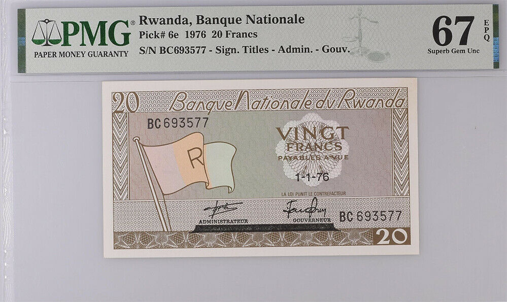 Rwanda 20 Francs 1976 P 6 e Superb Gem UNC PMG 67 EPQ High