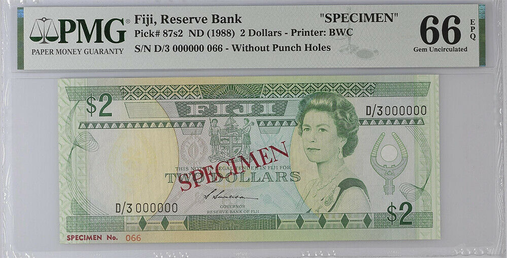 Fiji 2 Dollar ND 1988 P 87s2 SPECIMEN Gem UNC PMG 66 EPQ