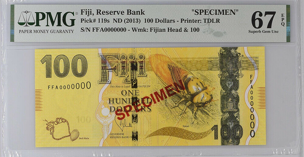 Fiji 100 Dollars ND 2013 P 119s SPECIMEN Superb Gem UNC PMG 67 EPQ Top Pop