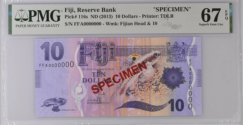 Fiji 10 Dollars ND 2007 P 116s SPECIMEN Superb Gem UNC PMG 67 EPQ High