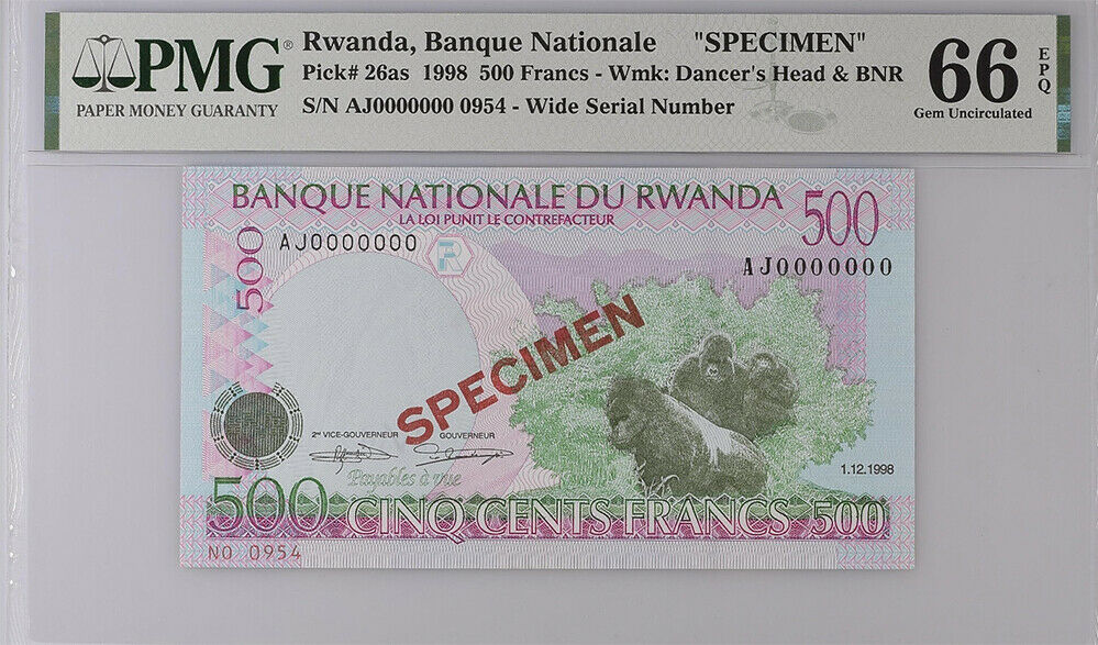 Rwanda 500 Francs 1998 P 26 as Specimen Gem UNC PMG 66 EPQ Top Pop