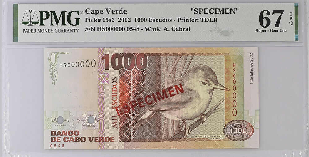 Cape Verde 1000 ESCUDOs 2002 P 65 s2 SPECIMEN SUPERB GEM UNC PMG 67 EPQ