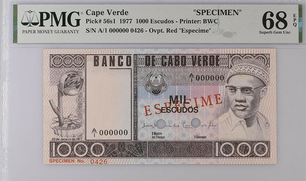 Cape Verde 1000 ESCUDOS 1977 P 56 s1 SPECIMEN SUPERB GEM UNC PMG 68 EPQ Top