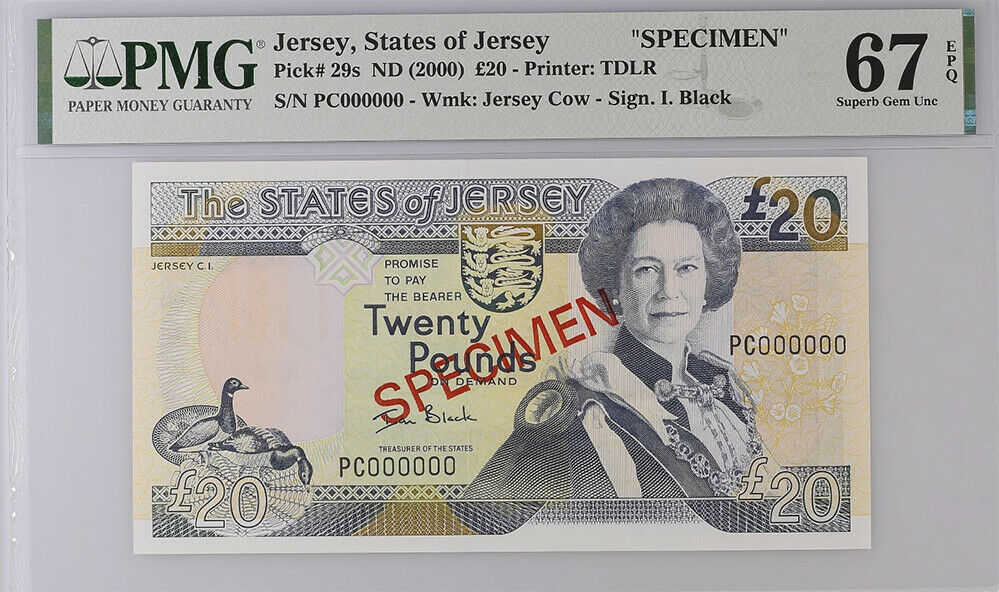 JERSEY 20 POUNDS 2000 P 29 S SPECIMEN SUPERB GEM UNC PMG 67 EPQ