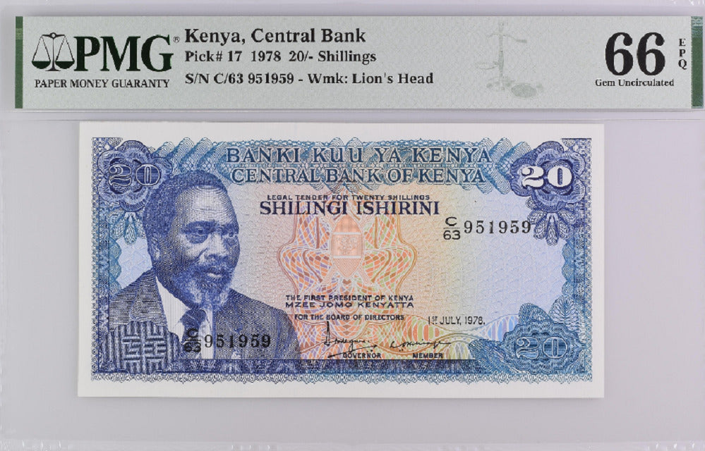 KENYA 20 SHILLINGS 1978 P 17 GEM UNC PMG 66 EPQ