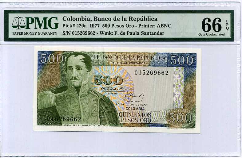 Colombia 500 Pesos ORO 1977 P 420 GEM UNC PMG 66 EPQ