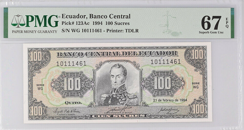 Ecuador 100 Sucres 1988 P 123Ac Superb Gem UNC PMG 67 EPQ HIGH