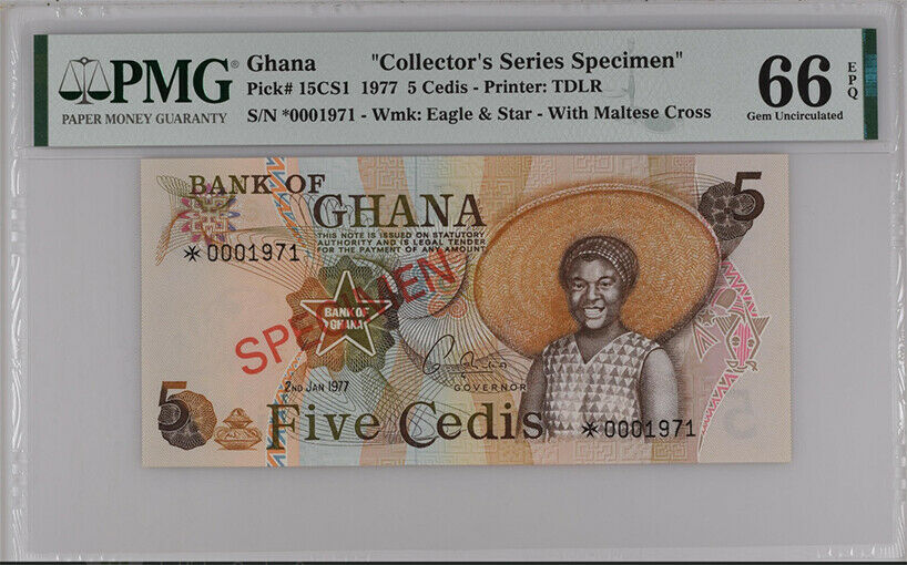 GHANA 5 CEDIS 1977 P 15 SPECIMEN GEM UNC PMG 66 EPQ