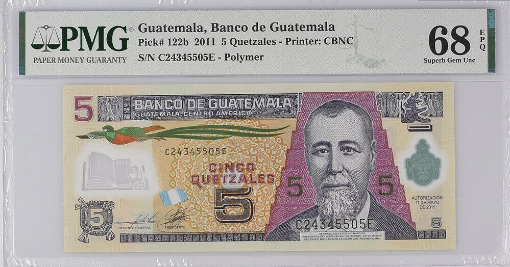 Guatemala 5 Quetzal 2010 P 122 b Polymer Superb Gem UNC PMG 68 EPQ Top Pop