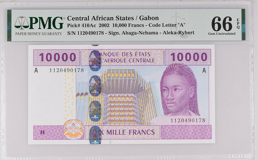 Central African States Gabon 10000 Francs 2002 P 410Ac Gem UNC PMG 66 EPQ