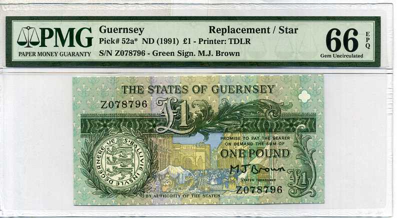 Guernsey 1 Pound Nd 1991 P 52 * Replacement Gem UNC PMG 66 EPQ