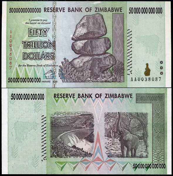 Zimbabwe 50 Trillion Dollars 2008 P 90 AUnc