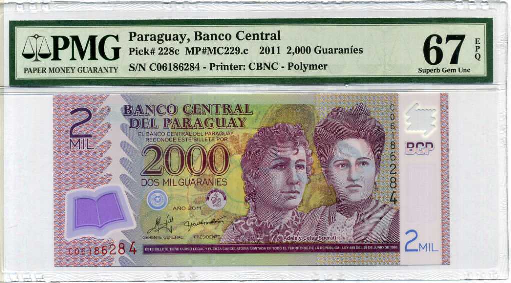 Paraguay 2000 Guarani 2008 P 228 Polymer Superb Gem PMG 67 EPQ