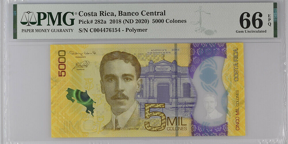 Costa Rica 5000 Colones 2018/2020 P 282 a Polymer Gem UNC PMG 66 EPQ