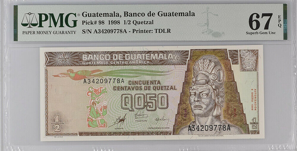 Guatemala 1/2 Quetzal 1998 P 98 Superb Gem UNC PMG 67 EPQ