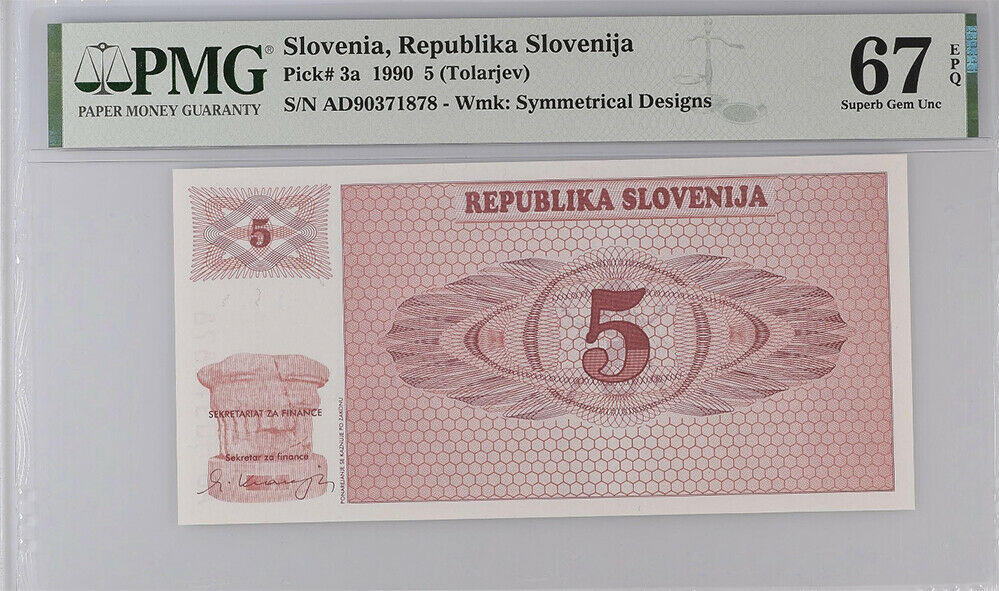 Slovenia 5 Tolarjev 1990 P 3 a Superb GEM UNC PMG 67 EPQ High