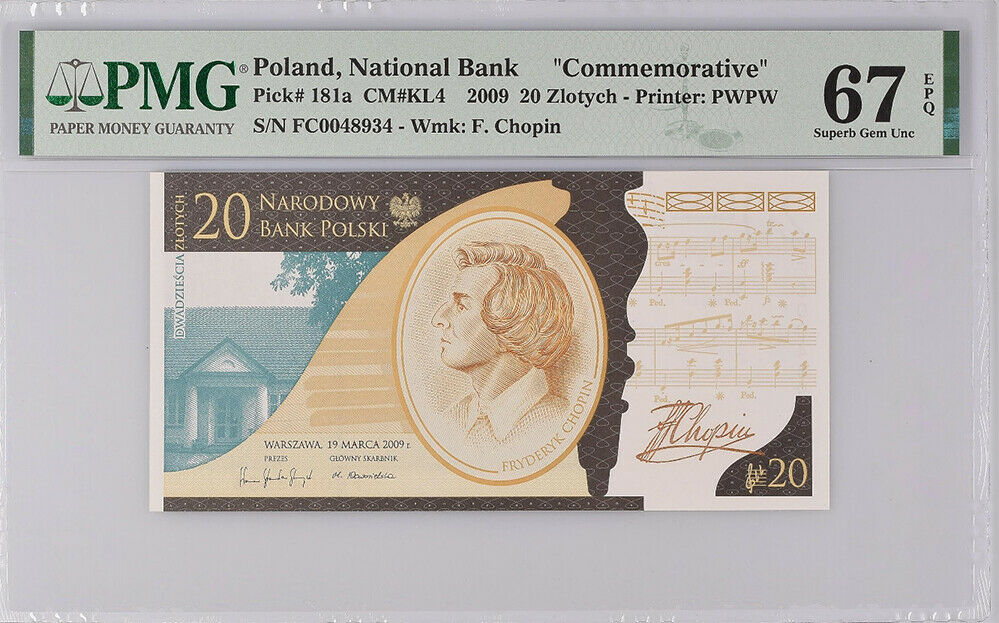 Poland 20 Zlotych 2009 COMM. CHOPIN P 181 a Superb GEM UNC PMG 67 EPQ