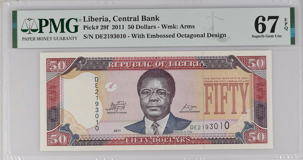 Liberia 50 Dollars 2011 P 29 f Superb Gem UNC PMG 67 EPQ