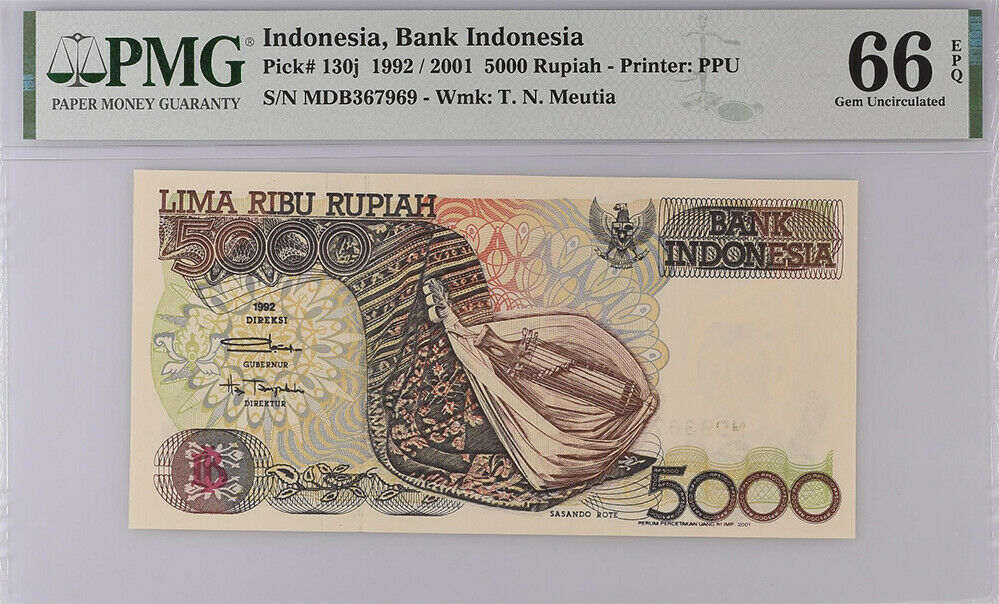 Indonesia 5000 Rupiah1992/2001 P 130 j GEM UNC PMG 66 EPQ