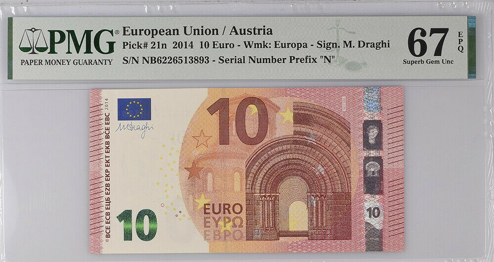 Euro 10 Euro 2014 P 21 n Austria Prefix N Superb Gem UNC PMG 67 EPQ