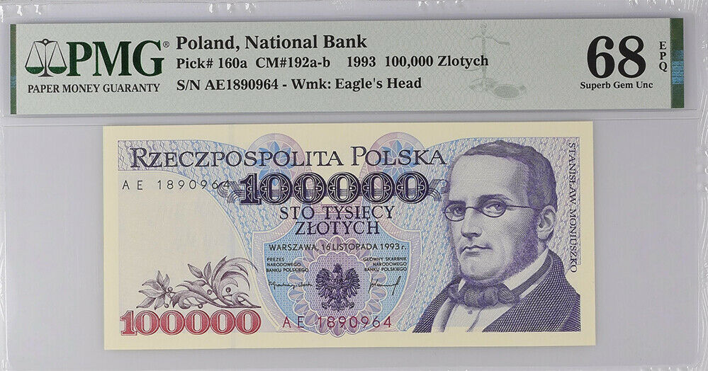 Poland 100000 Zlotych 1993 P 160 SUPERB GEM UNC PMG 68 EPQ HIGH