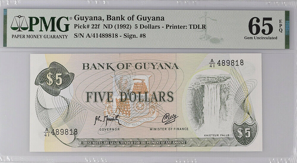 Guyana 5 Dollars 1992 P 22 F Gem UNC PMG 65 EPQ
