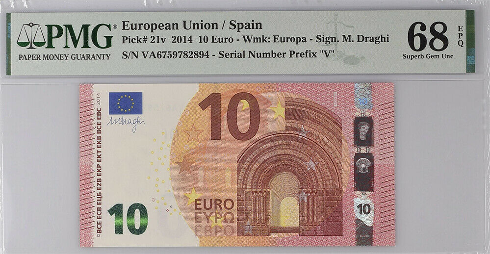 Euro 10 Euro 2014 P 21 v Spain Prefix V Superb Gem UNC PMG 68 EPQ High