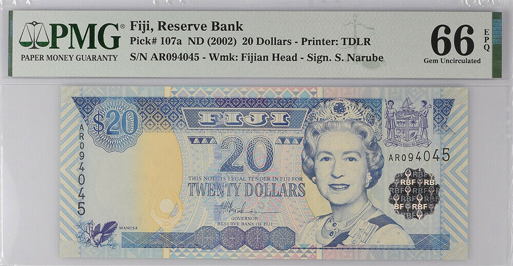 Fiji 20 Dollars ND 2002 P 107 Gem UNC PMG 66 EPQ High